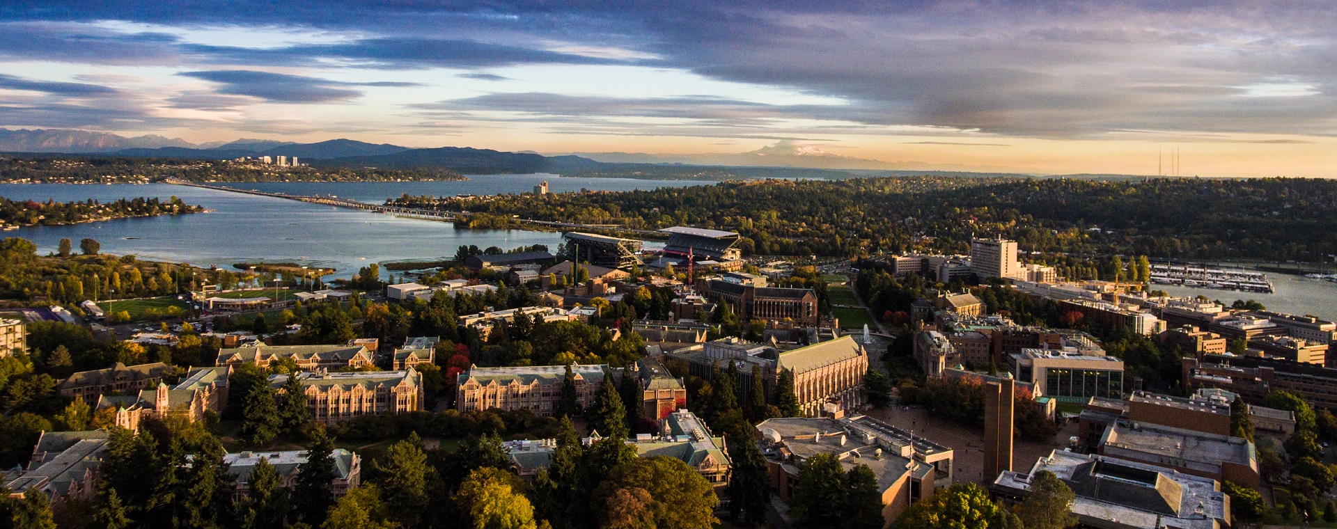 UW campus with Lake Washington and Mount Rainier in the background