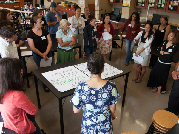 A large group of educators stand in a circle discussing two posters in the center.