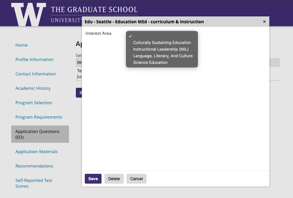 Program selection page on application.