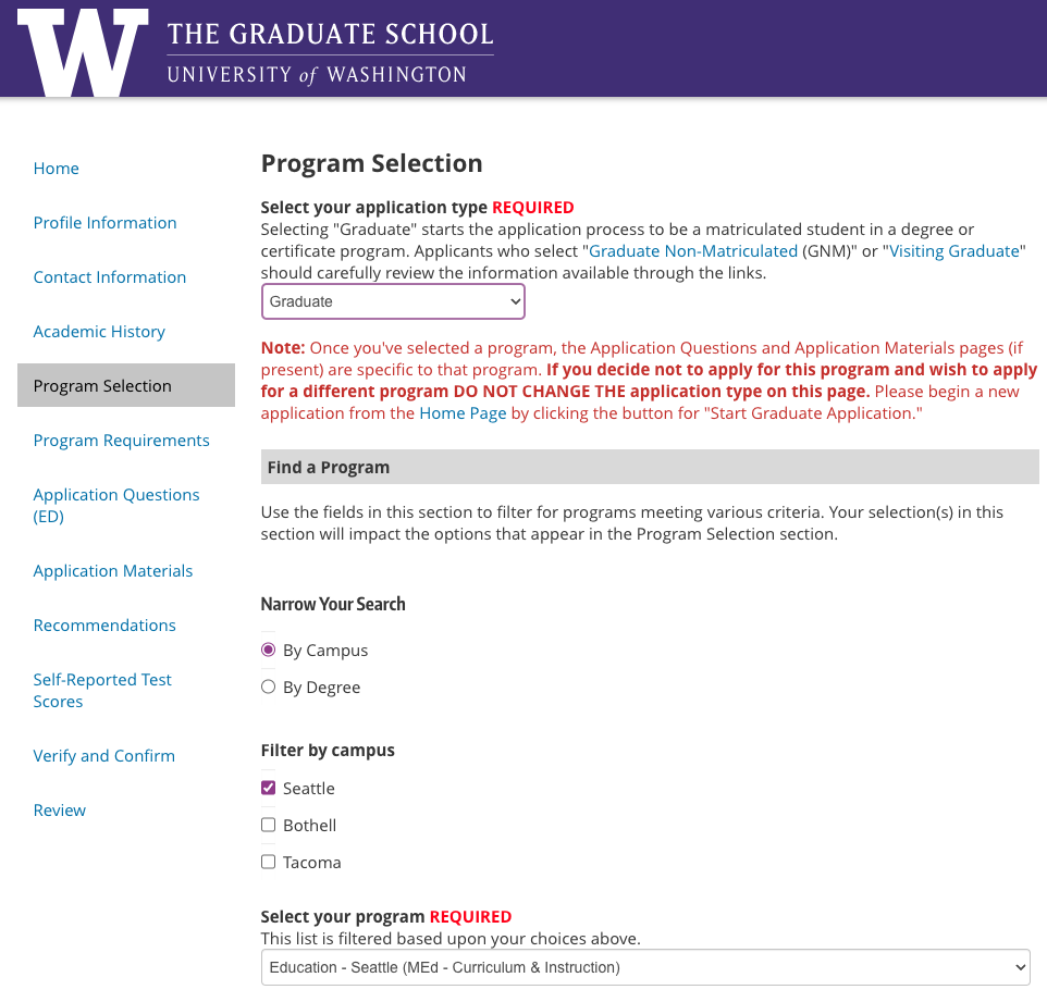 Program selection page on application.