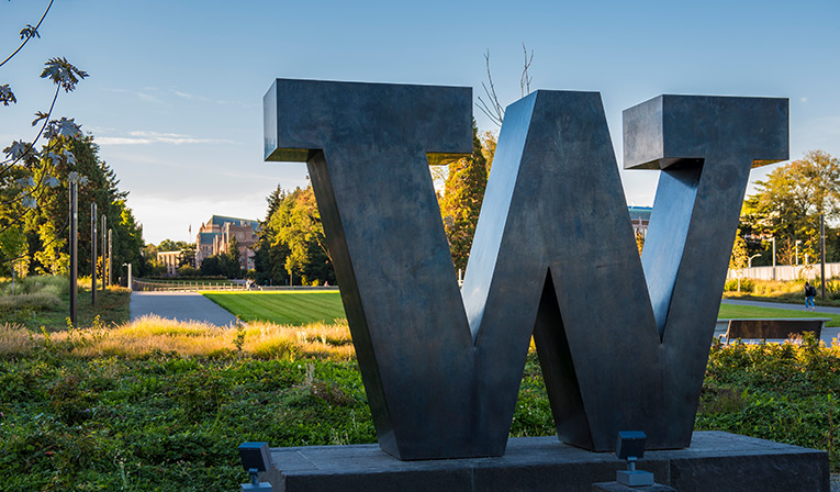 W sculpture standing on the UW Seattle campus