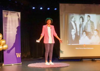 Dr. Nickson on stage giving her talk at EduTalks 2024